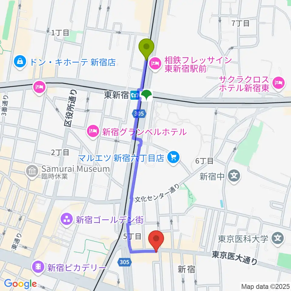 東新宿駅から東京音楽院へのルートマップ地図