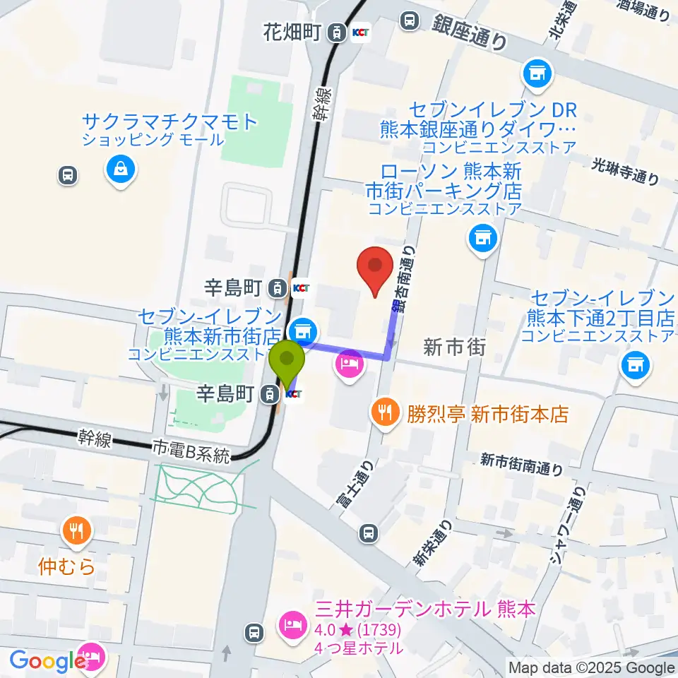 熊本ジャンゴの最寄駅辛島町駅からの徒歩ルート（約2分）地図