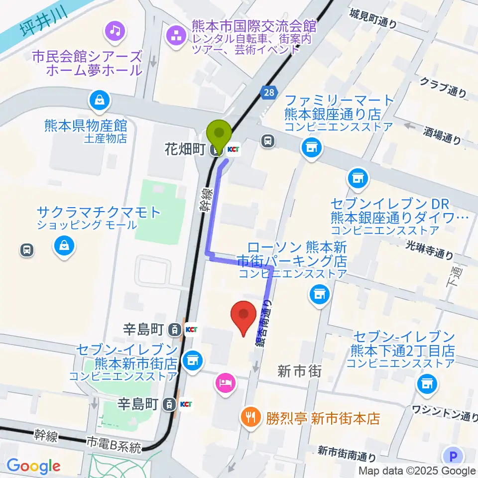花畑町駅から熊本ジャンゴへのルートマップ地図