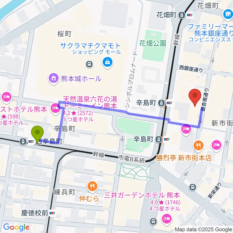 西辛島町駅から熊本ジャンゴへのルートマップ地図