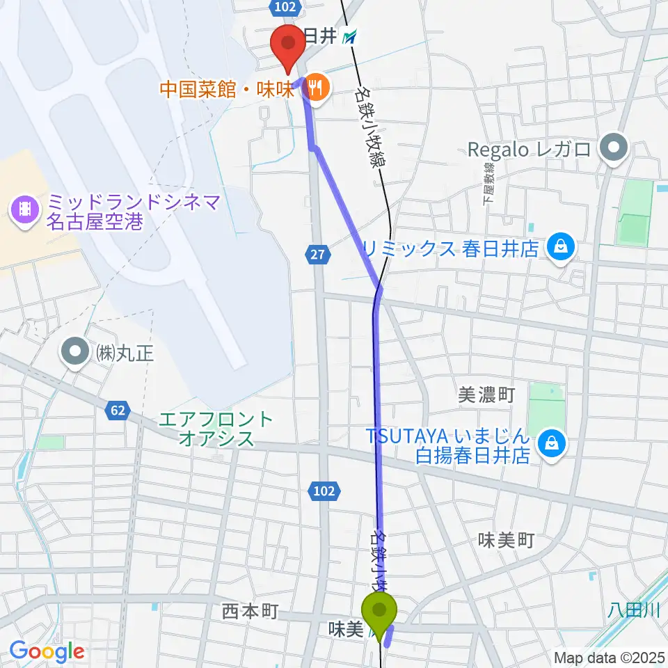 味美駅から音楽教室ココハへのルートマップ地図