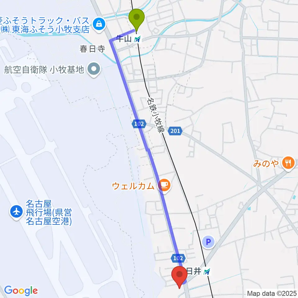 牛山駅から音楽教室ココハへのルートマップ地図