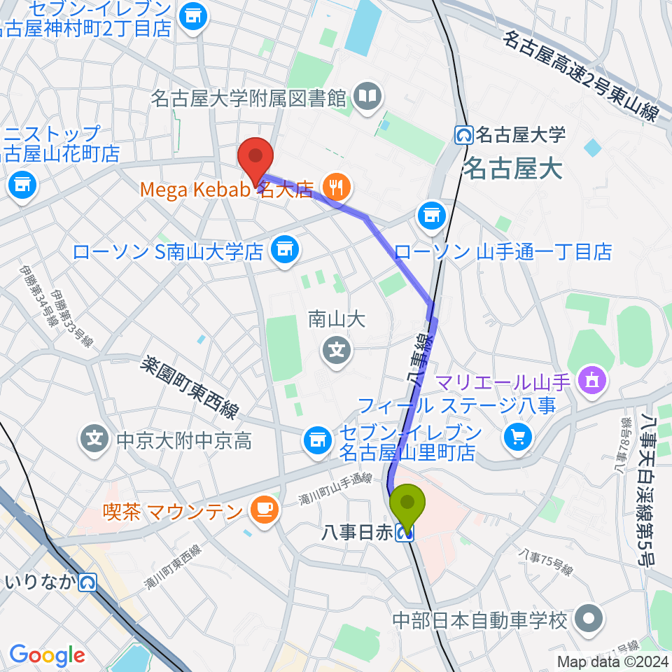 八事日赤駅からムジークゾリステンへのルートマップ地図