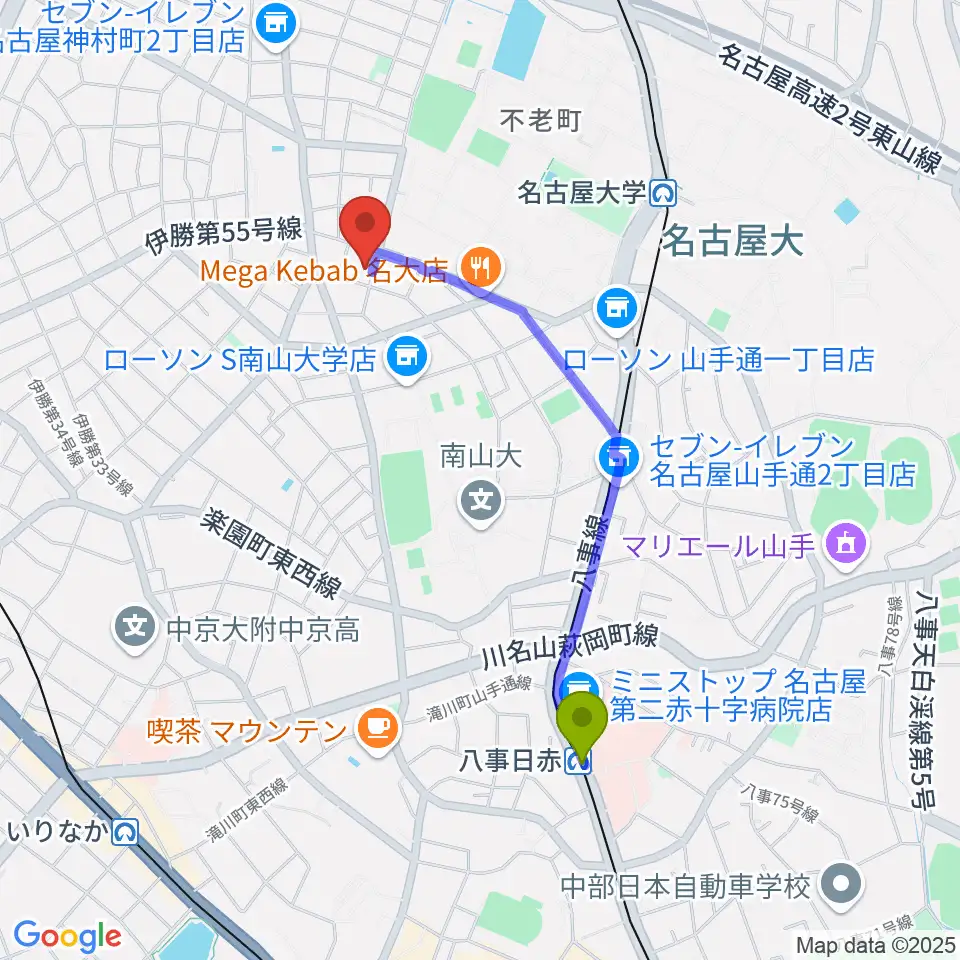 八事日赤駅からムジークゾリステンへのルートマップ地図