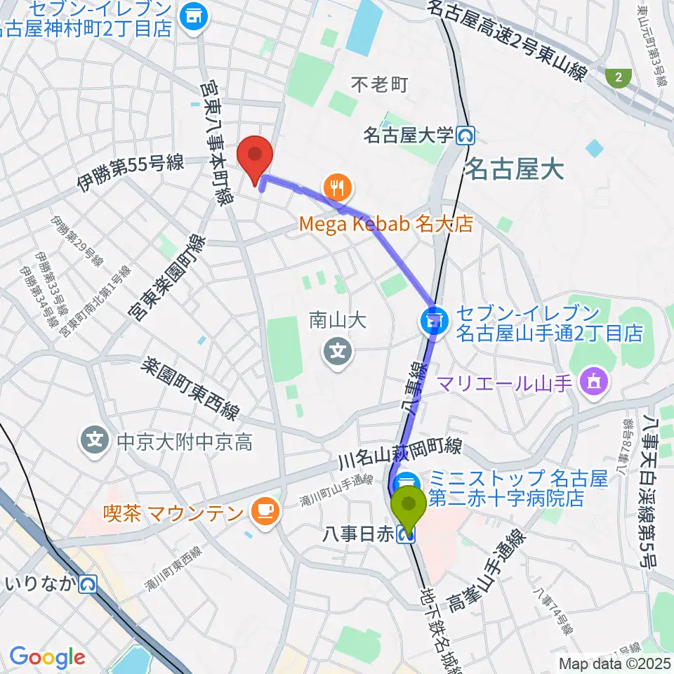八事日赤駅からムジーク・ゾリステンへのルートマップ地図