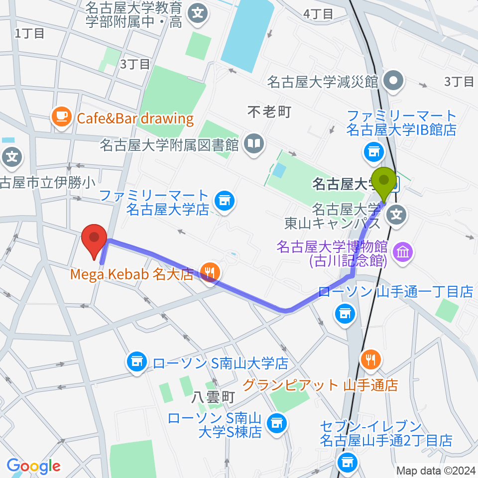 ムジークゾリステンの最寄駅名古屋大学駅からの徒歩ルート（約10分）地図