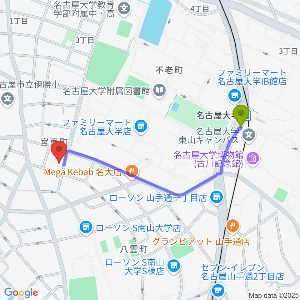 ムジークゾリステンの最寄駅名古屋大学駅からの徒歩ルート（約10分）地図