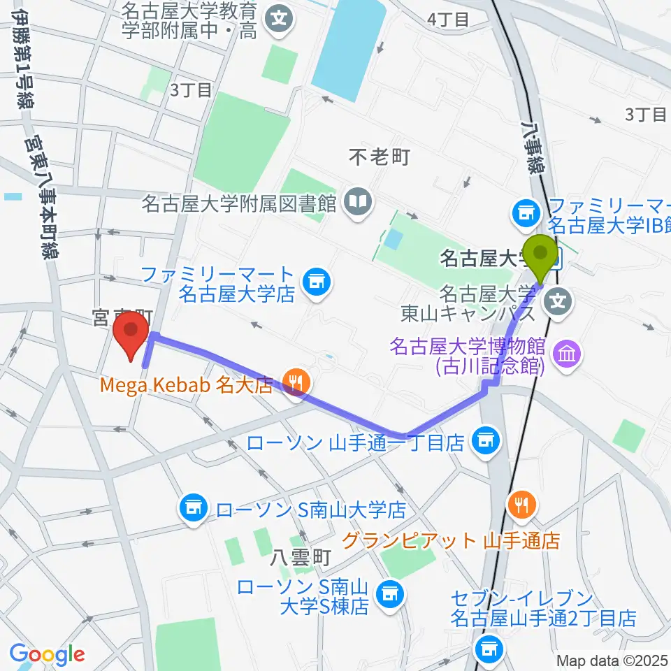 ムジーク・ゾリステンの最寄駅名古屋大学駅からの徒歩ルート（約10分）地図