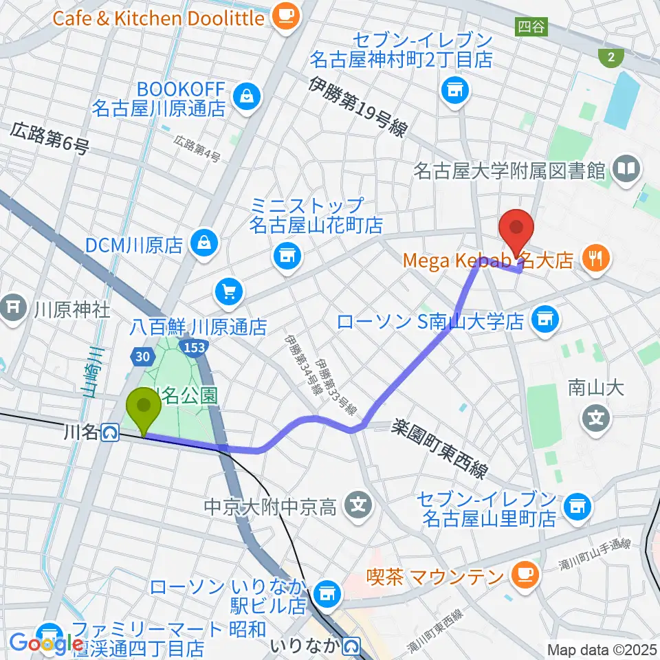 川名駅からムジークゾリステンへのルートマップ地図