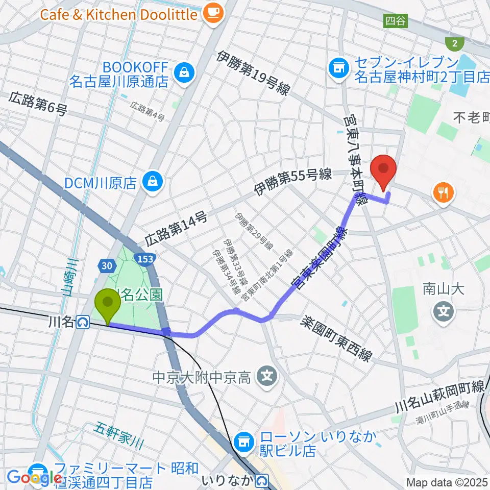 川名駅からムジーク・ゾリステンへのルートマップ地図