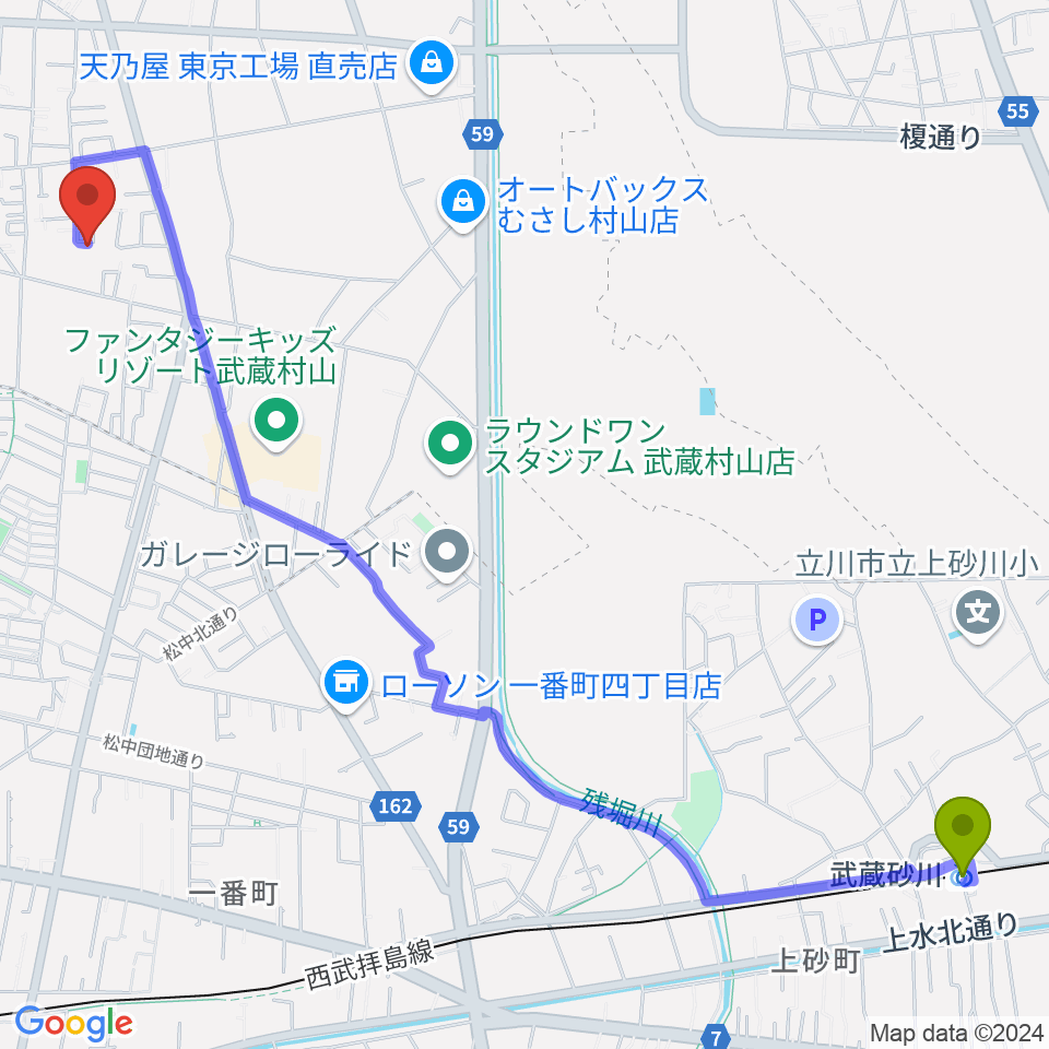 武蔵砂川駅から小柳音楽教室へのルートマップ地図