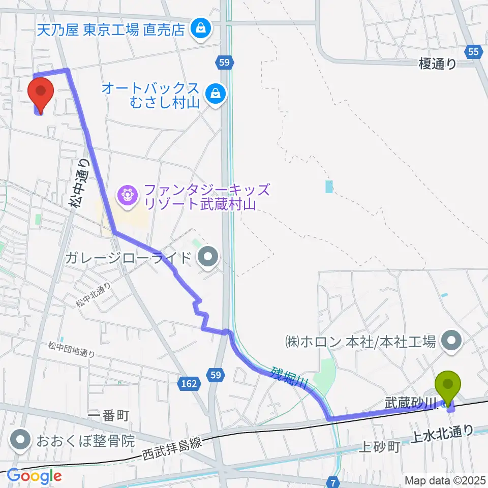 武蔵砂川駅から小柳音楽教室へのルートマップ地図