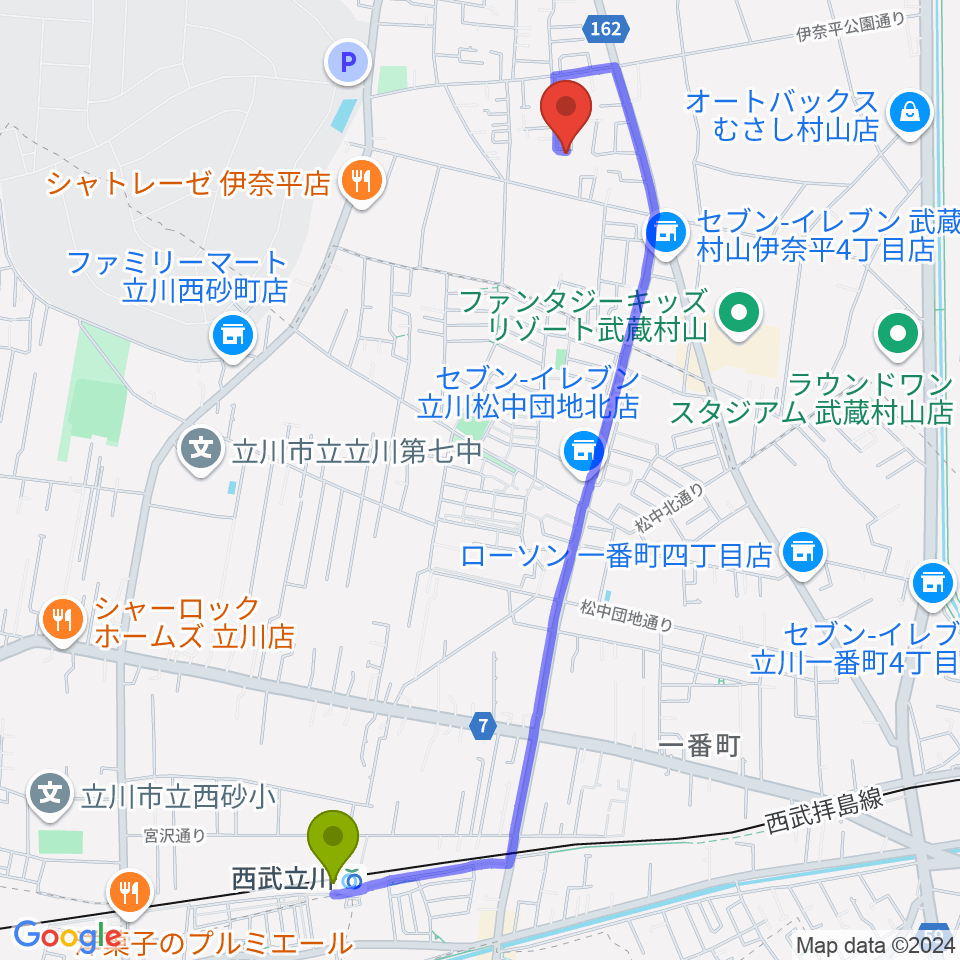 小柳音楽教室の最寄駅西武立川駅からの徒歩ルート（約25分）地図