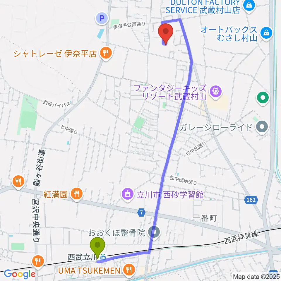 小柳音楽教室の最寄駅西武立川駅からの徒歩ルート（約25分）地図