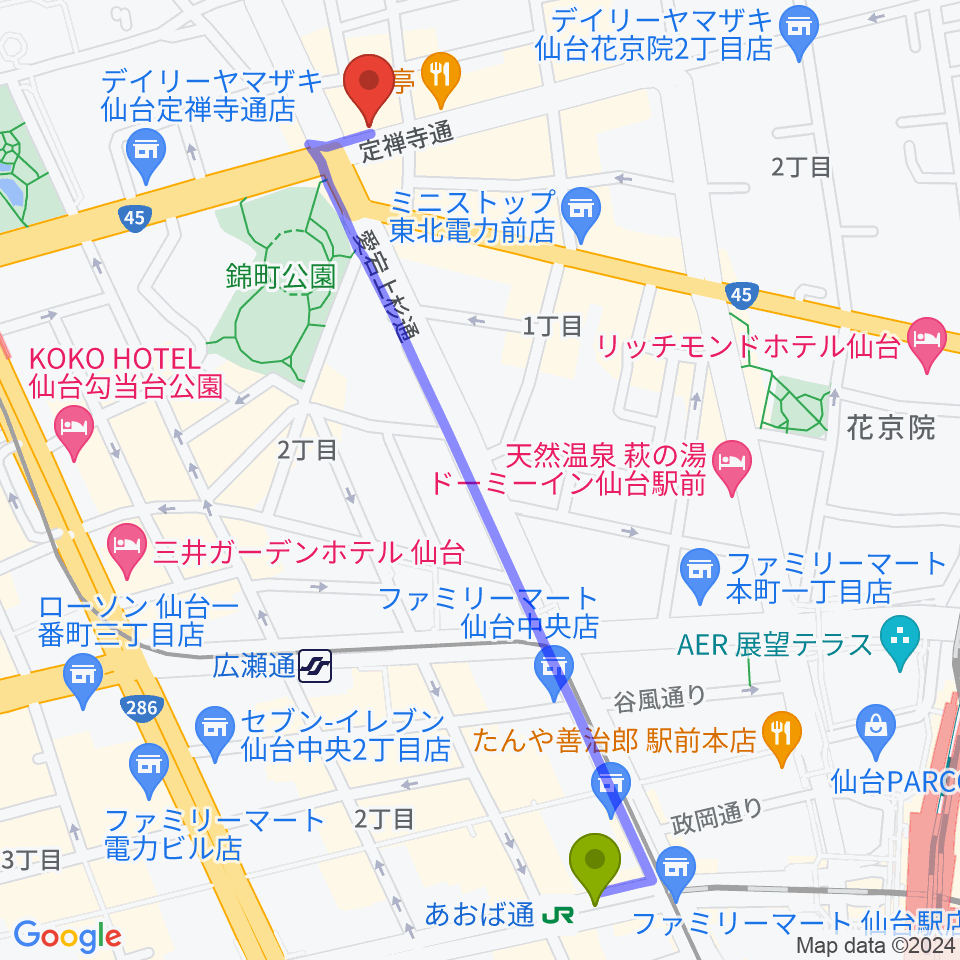 あおば通駅からスタジオムジカへのルートマップ地図