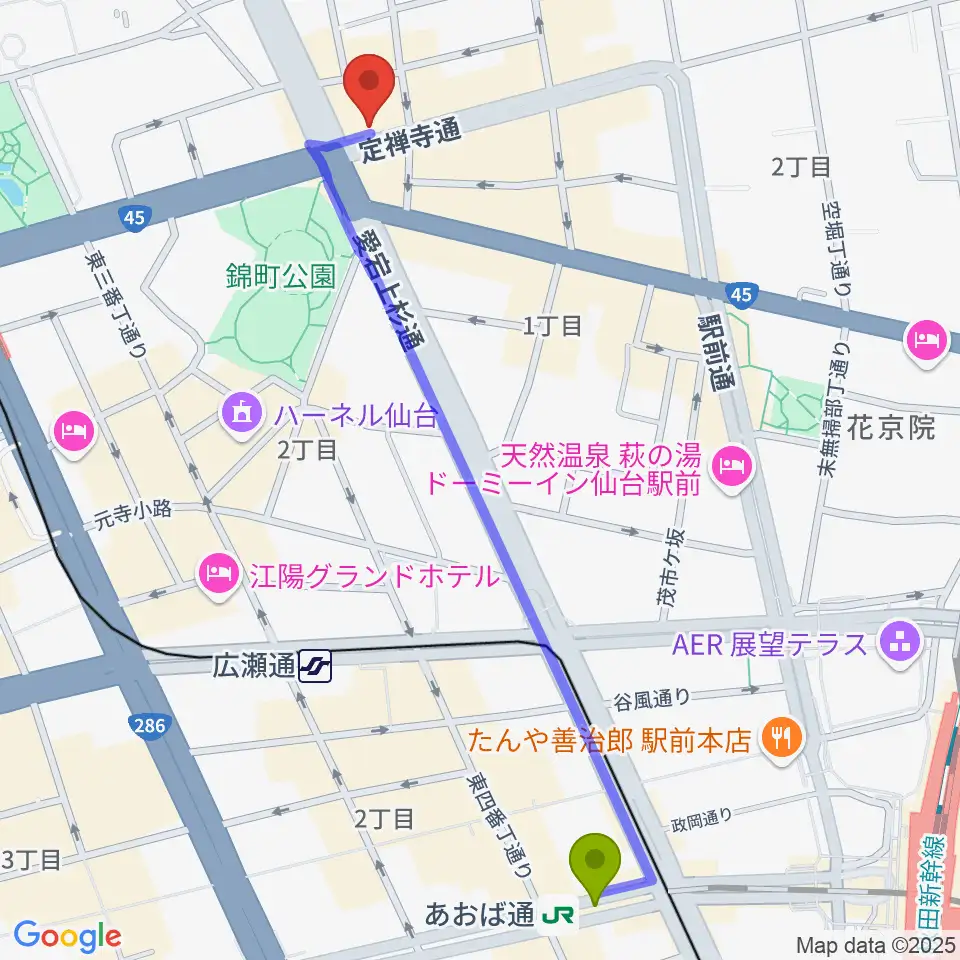 あおば通駅からスタジオムジカへのルートマップ地図