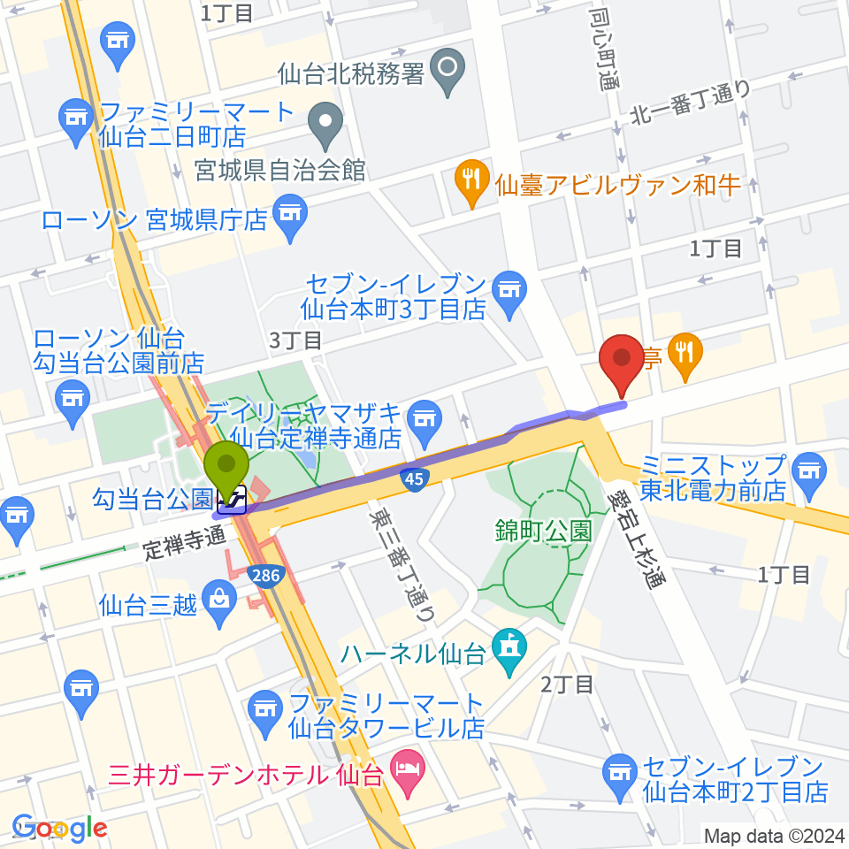 スタジオムジカの最寄駅勾当台公園駅からの徒歩ルート（約7分）地図
