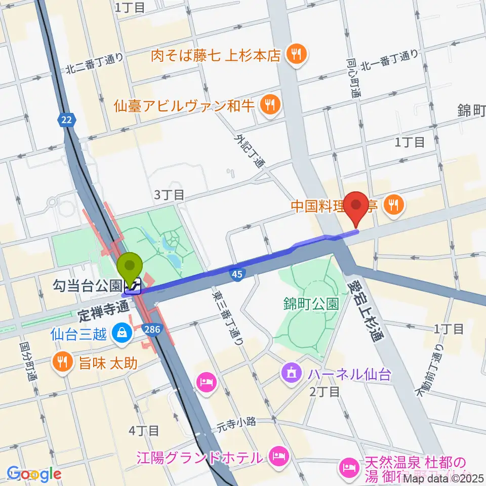 スタジオムジカの最寄駅勾当台公園駅からの徒歩ルート（約7分）地図