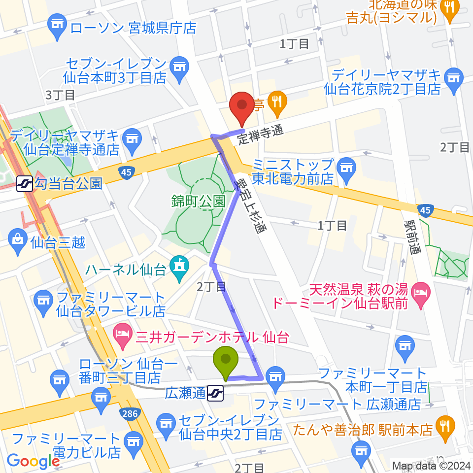 広瀬通駅からスタジオムジカへのルートマップ地図