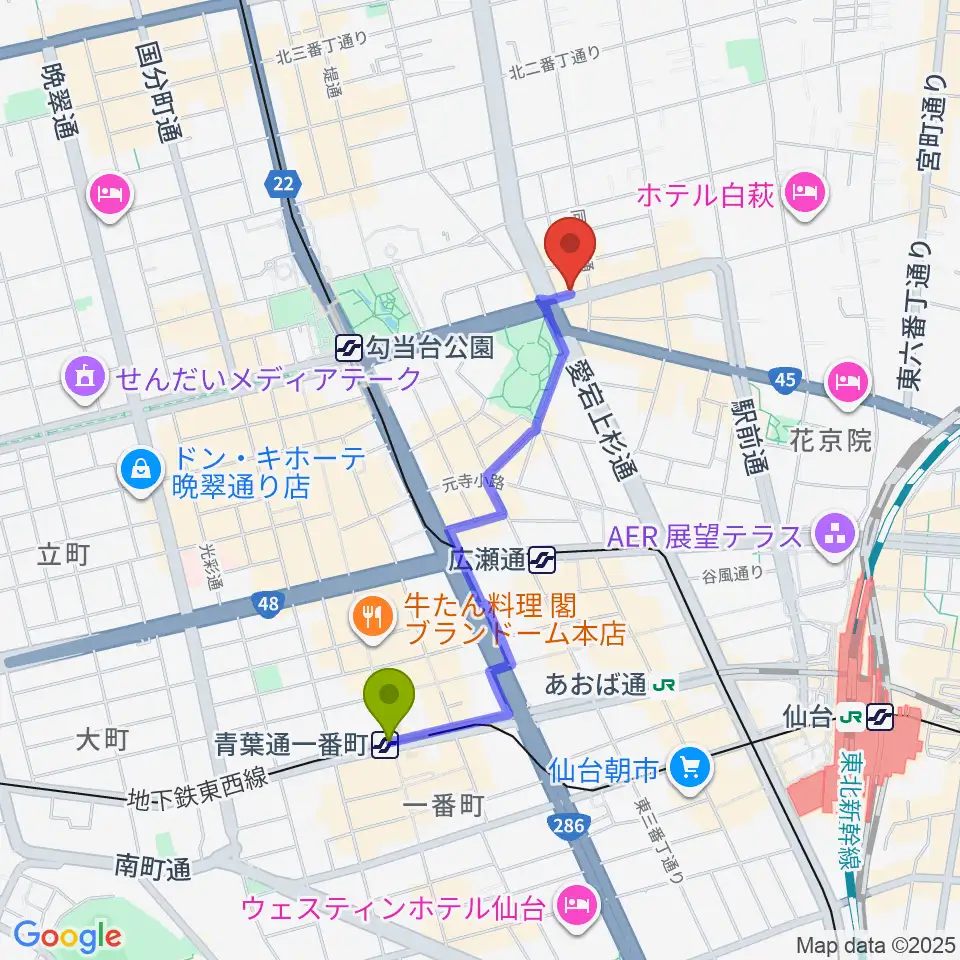 青葉通一番町駅からスタジオムジカへのルートマップ地図
