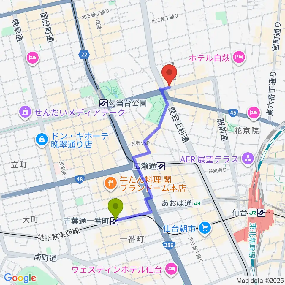 青葉通一番町駅からスタジオムジカへのルートマップ地図
