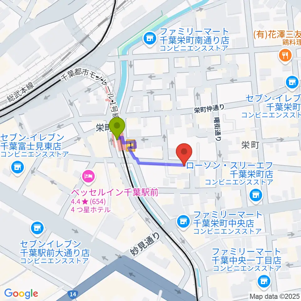 music lounge BAHAMAの最寄駅栄町駅からの徒歩ルート（約2分）地図