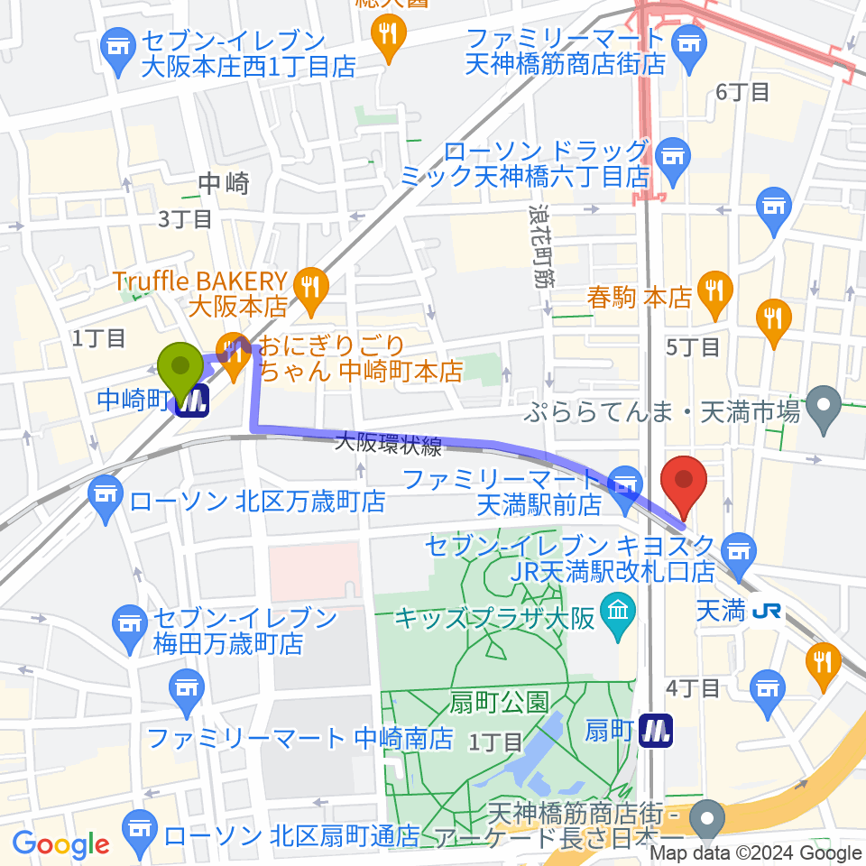 中崎町駅から天満フラットフラミンゴへのルートマップ地図
