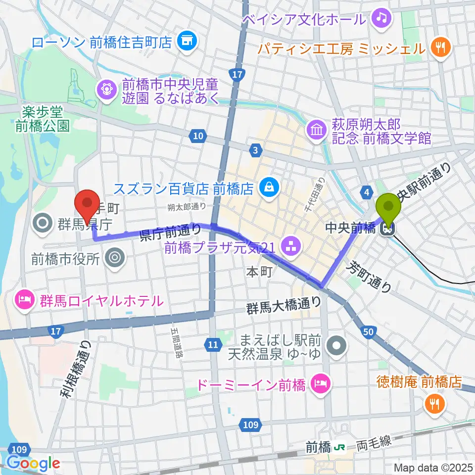 群馬会館の最寄駅中央前橋駅からの徒歩ルート（約20分）地図