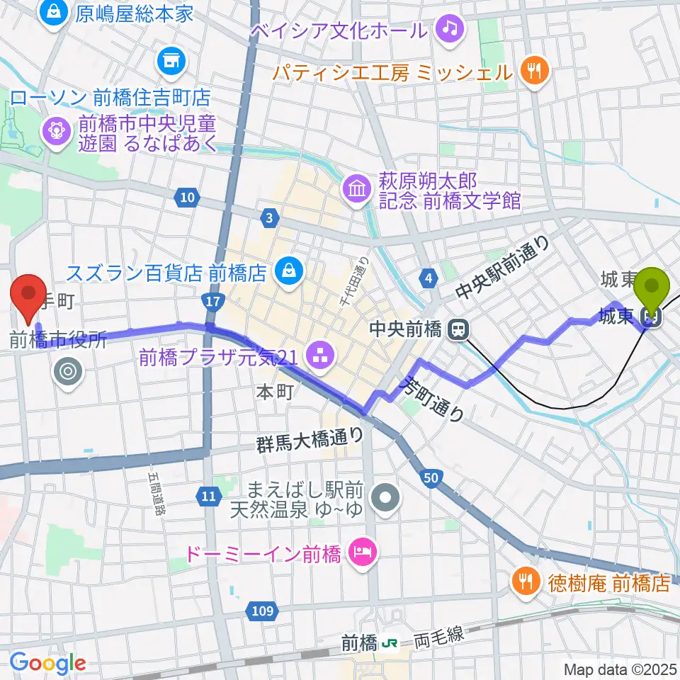 城東駅から群馬会館へのルートマップ地図