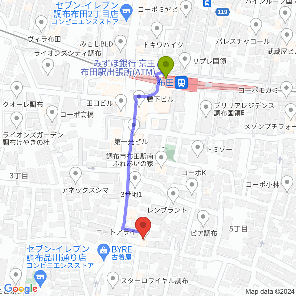 office DERZOの最寄駅布田駅からの徒歩ルート（約4分）地図
