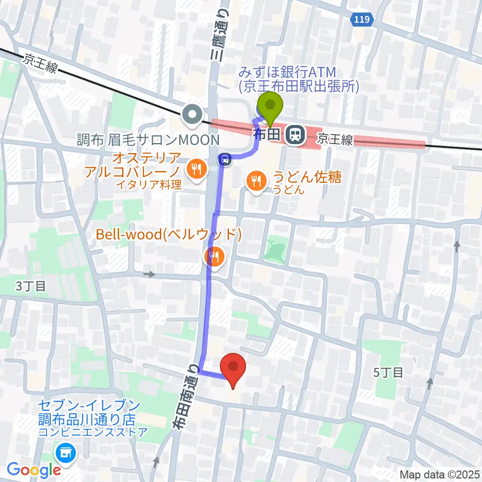 office DERZOの最寄駅布田駅からの徒歩ルート（約4分）地図