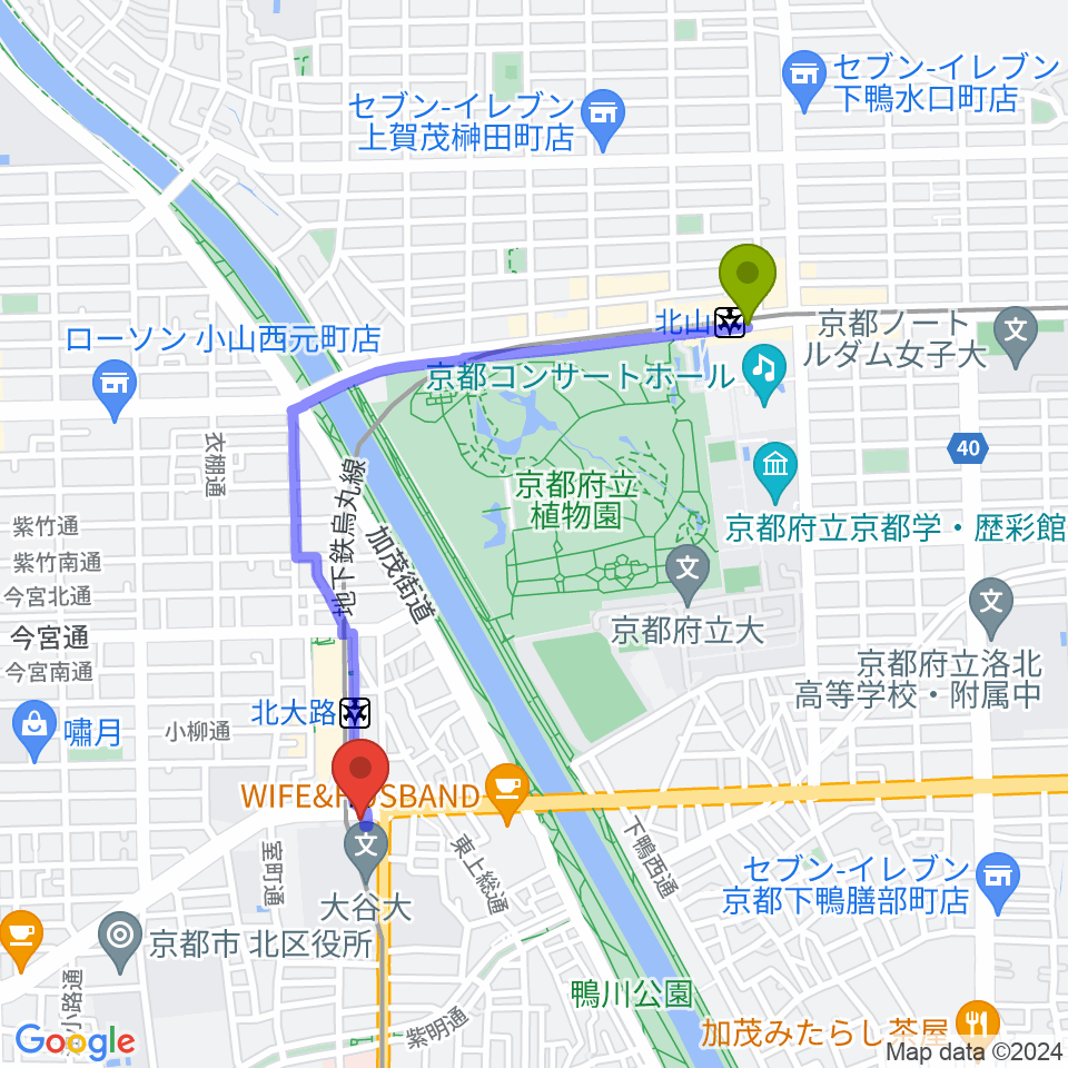 北山駅からRadio Mix Kyotoへのルートマップ地図