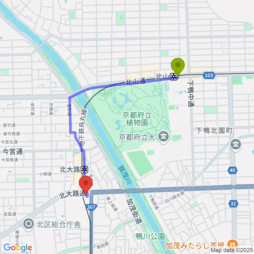北山駅からRadio Mix Kyotoへのルートマップ地図
