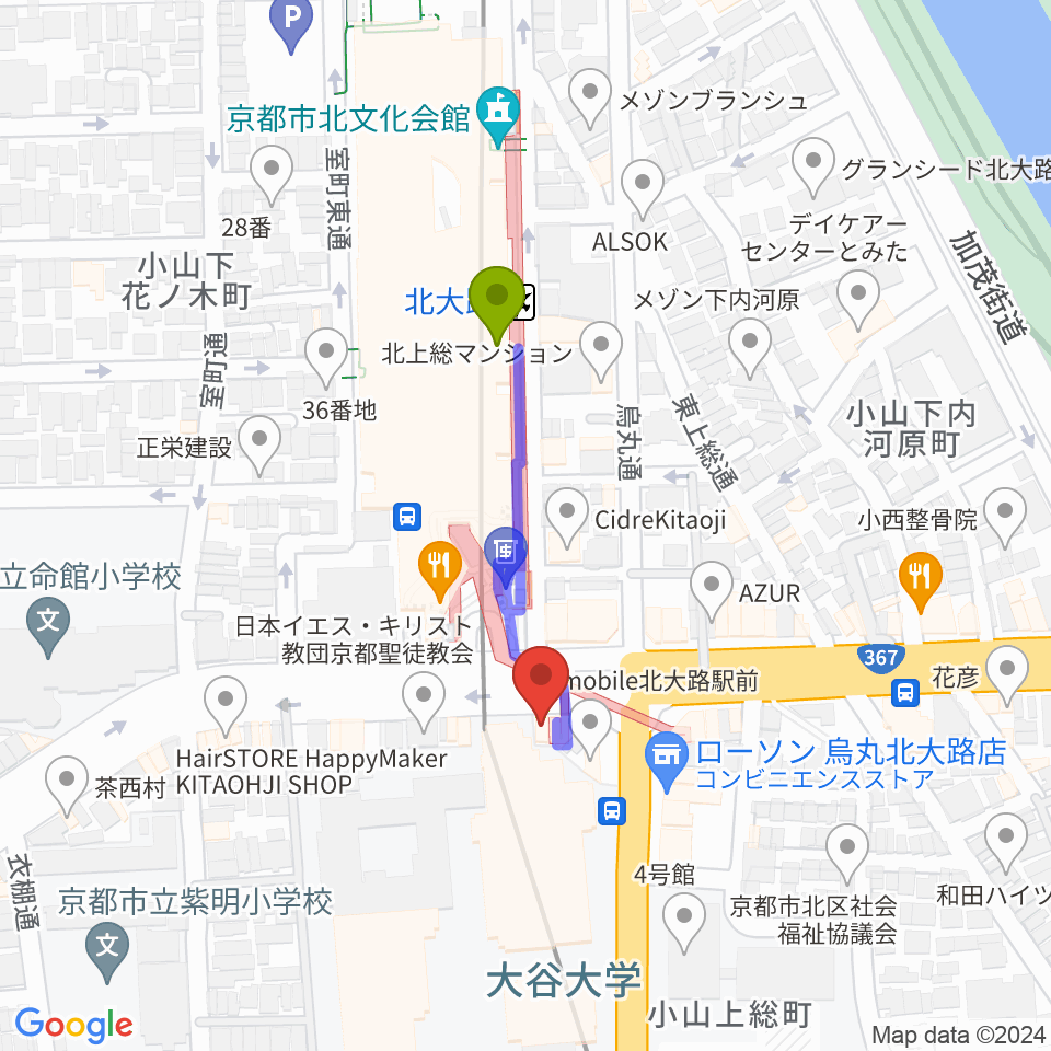 Radio Mix Kyotoの最寄駅北大路駅からの徒歩ルート（約3分）地図