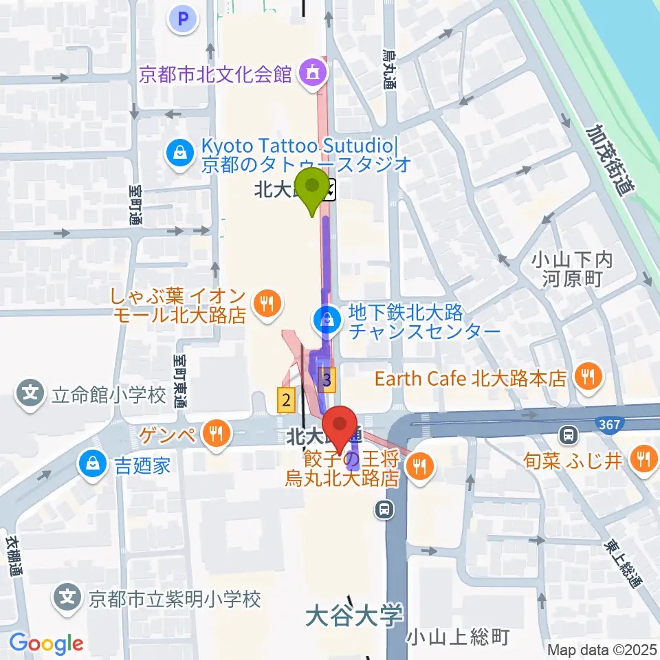 Radio Mix Kyotoの最寄駅北大路駅からの徒歩ルート（約3分）地図