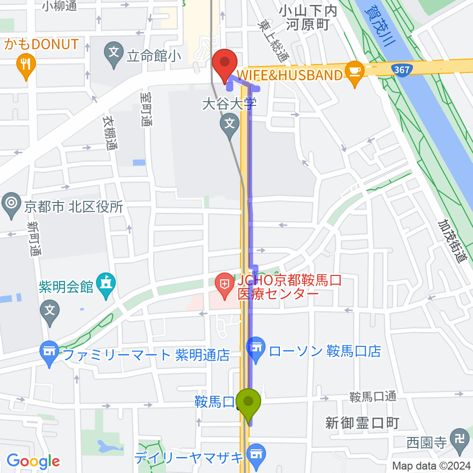 鞍馬口駅からRadio Mix Kyotoへのルートマップ地図