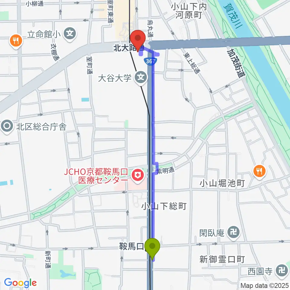 鞍馬口駅からRadio Mix Kyotoへのルートマップ地図
