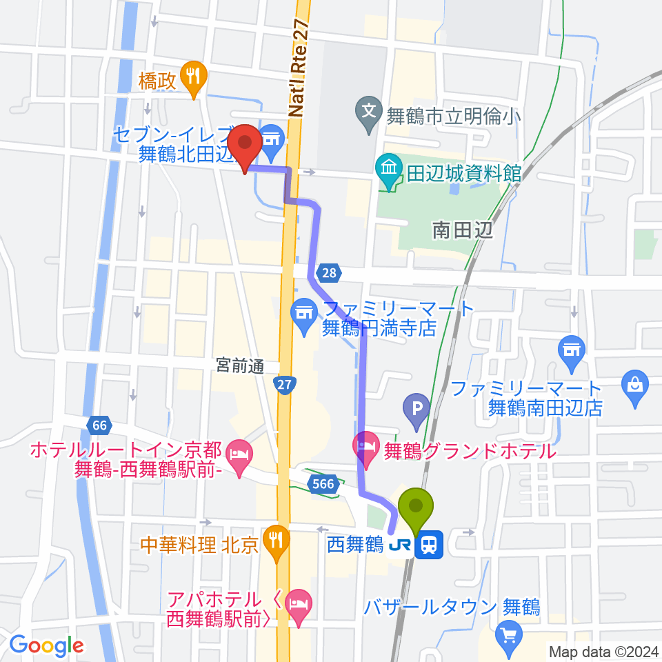 FMまいづるの最寄駅西舞鶴駅からの徒歩ルート（約9分）地図