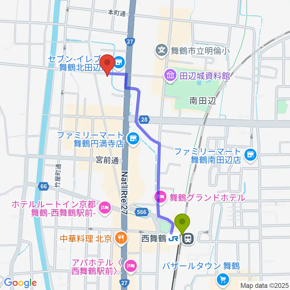 FMまいづるの最寄駅西舞鶴駅からの徒歩ルート（約9分）地図