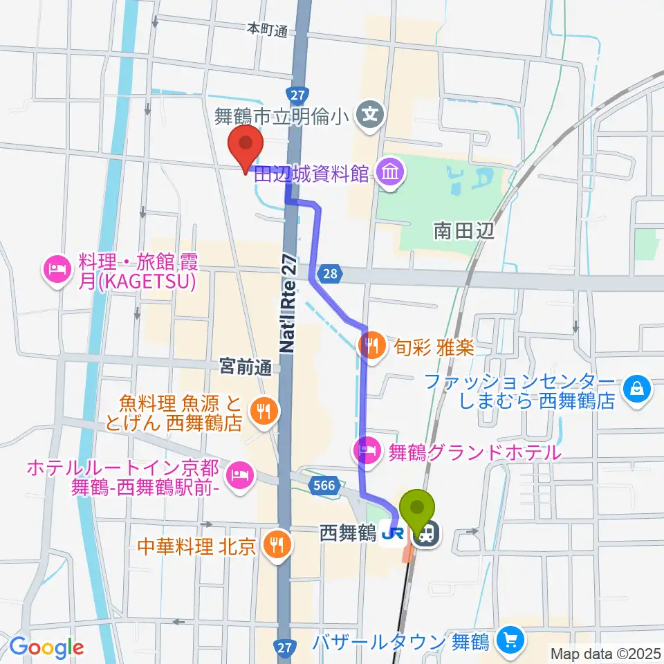 FMまいづるの最寄駅西舞鶴駅からの徒歩ルート（約9分）地図