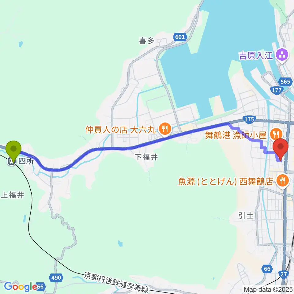 四所駅からFMまいづるへのルートマップ地図