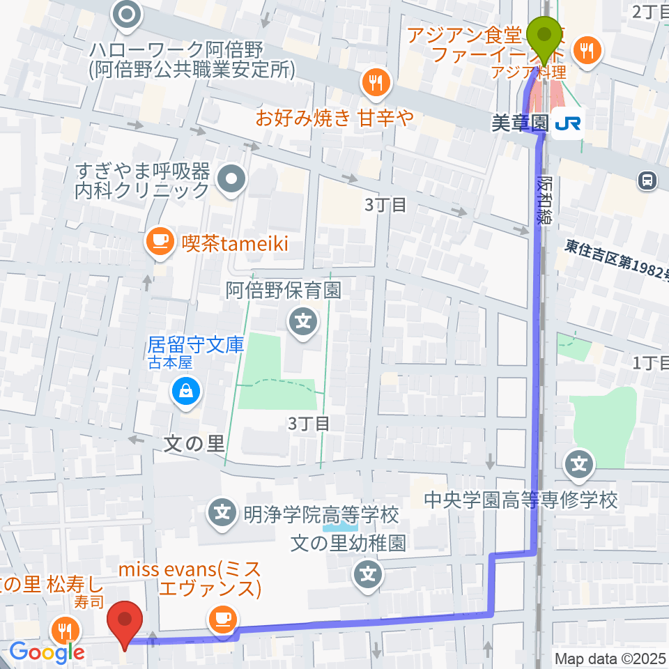 美章園駅からIS STUDIO（アイエススタジオ）へのルートマップ地図