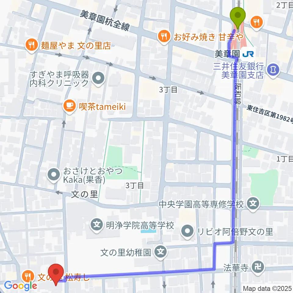 美章園駅からIS STUDIOへのルートマップ地図