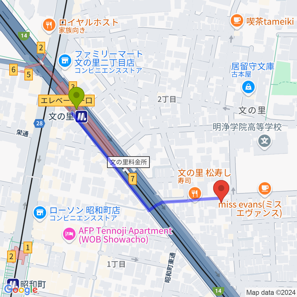 IS STUDIO（アイエススタジオ）の最寄駅文の里駅からの徒歩ルート（約5分）地図