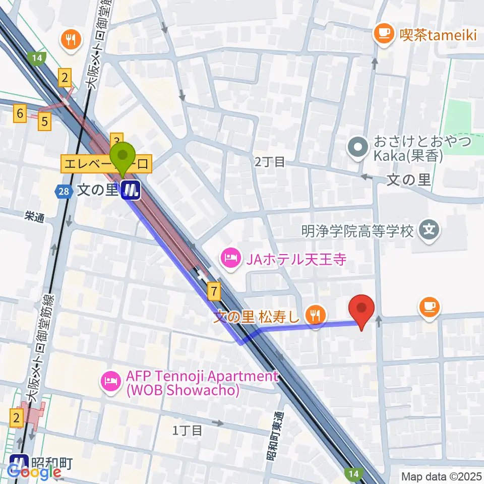 IS STUDIOの最寄駅文の里駅からの徒歩ルート（約5分）地図
