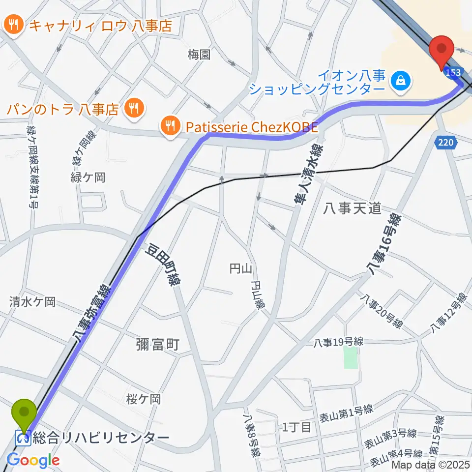 総合リハビリセンター駅からポワンポワンスタジオ八事校へのルートマップ地図