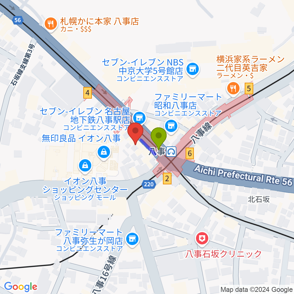 ポワンポワンスタジオ八事校の最寄駅八事駅からの徒歩ルート（約1分）地図