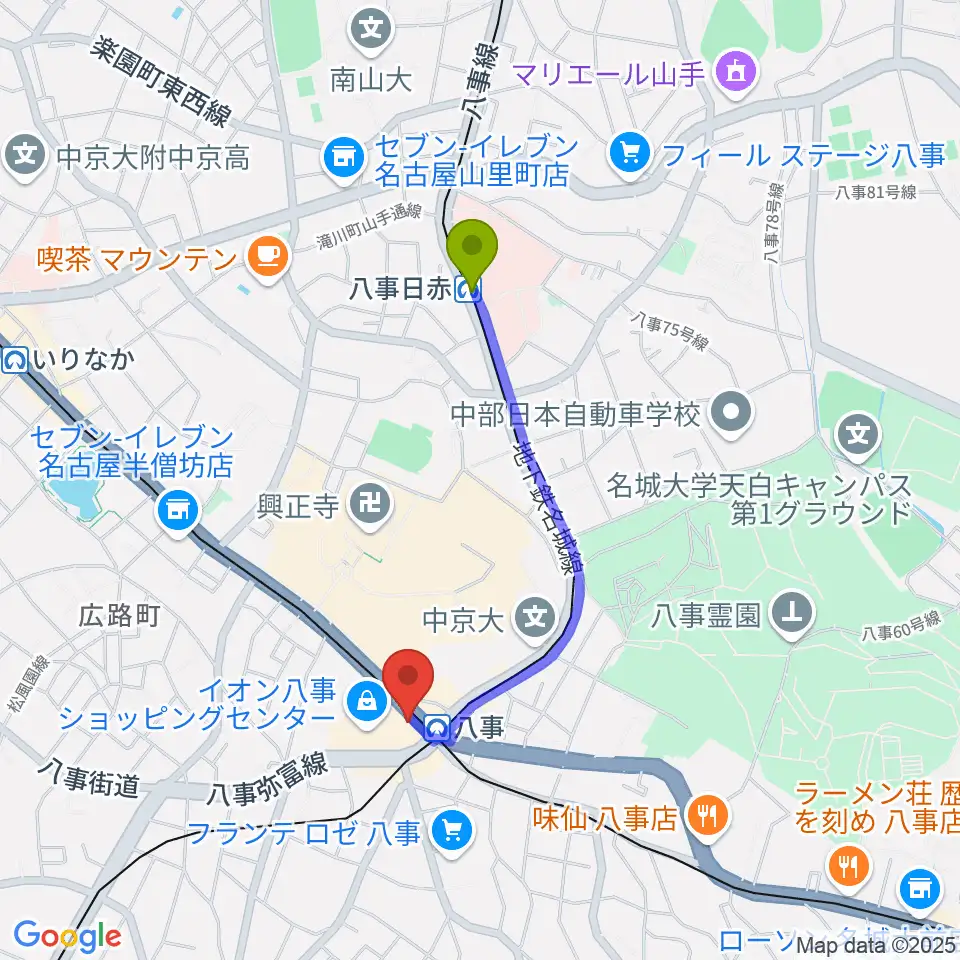 八事日赤駅からポワンポワンスタジオ八事校へのルートマップ地図