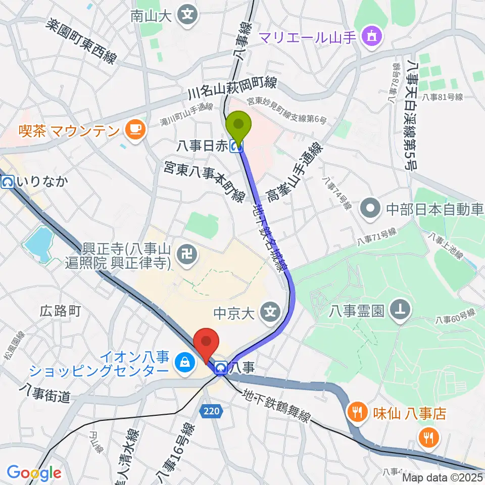八事日赤駅からポワンポワンスタジオ八事校へのルートマップ地図