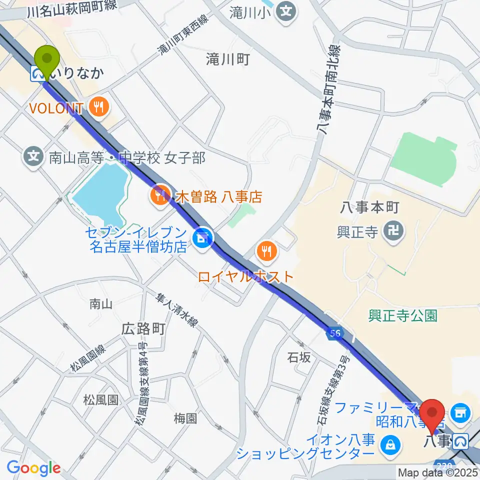 いりなか駅からポワンポワンスタジオ八事校へのルートマップ地図